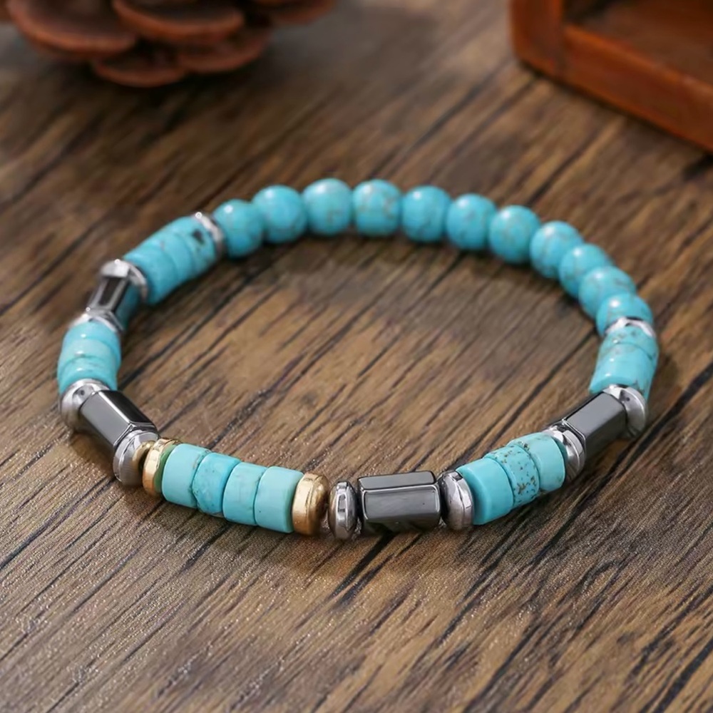 Retro Blue Stone Beaded Mens Bracelet - Picture 2 of 6